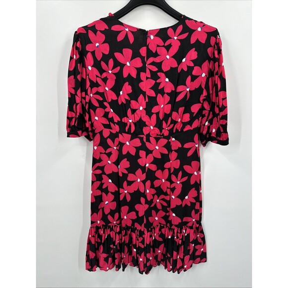 Calvin Klein Dress 12 Black Pink Floral Short Puff Sleeve Ruffle Party Wedding - Picture 6 of 11